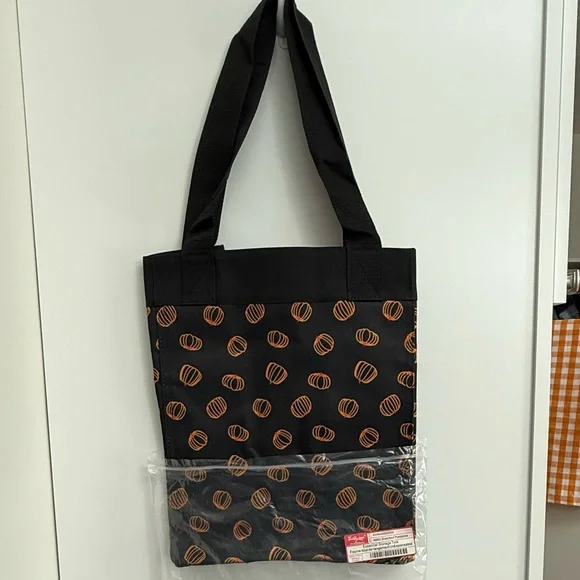 Thirty-One Black Essential Storage Tote w/ Sketched Pumpkins Orange Pattern - Picture 2 of 7
